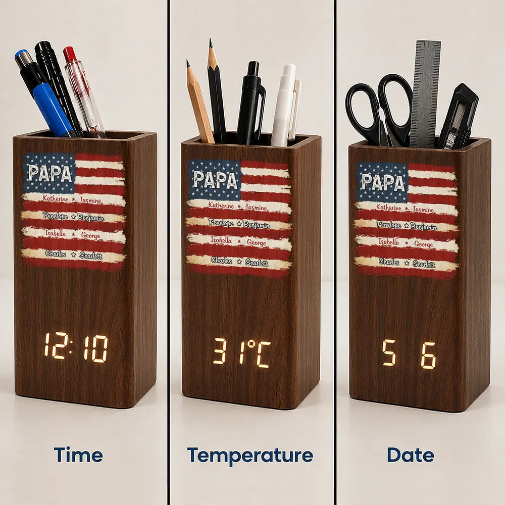 Gift For Father,America 250th,Independence Day,Proud,Custom Text - Stars & Stripes US Flag American Dad Grandpa - Personalized Pen Holder With Clock