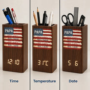 Gift For Father,America 250th,Independence Day,Proud,Custom Text - Stars & Stripes US Flag American Dad Grandpa - Personalized Pen Holder With Clock