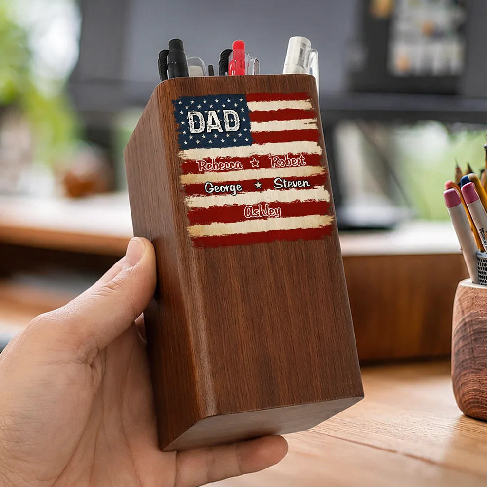 Gift For Father,America 250th,Independence Day,Proud,Custom Text - Stars & Stripes US Flag American Dad Grandpa - Personalized Pen Holder With Clock
