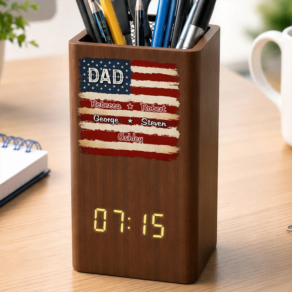 Gift For Father,America 250th,Independence Day,Proud,Custom Text - Stars & Stripes US Flag American Dad Grandpa - Personalized Pen Holder With Clock