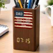 Gift For Father,America 250th,Independence Day,Proud,Custom Text - Stars & Stripes US Flag American Dad Grandpa - Personalized Pen Holder With Clock