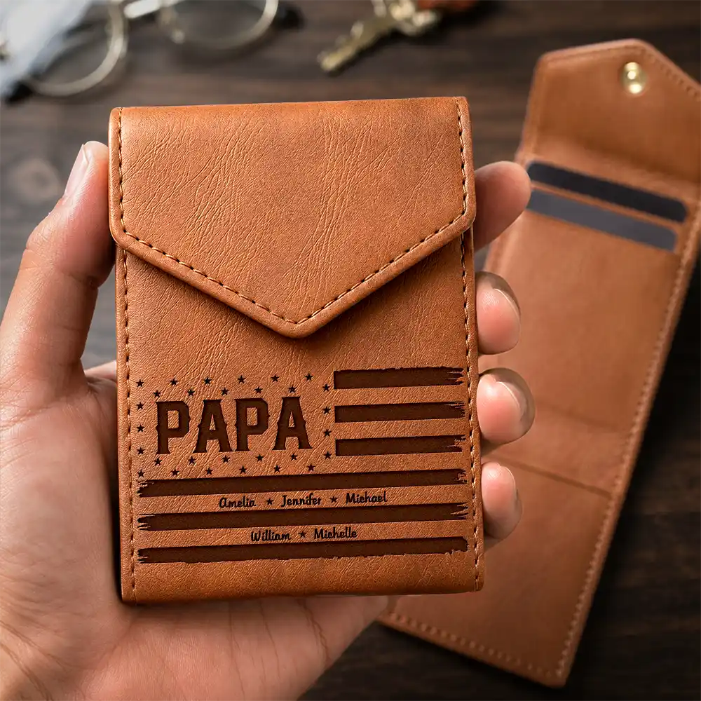 Gift For Father, Independence Day, Proud, Custom Text - Stars & Stripes US Flag Dad Grandpa - Personalized Leather Slim Wallet