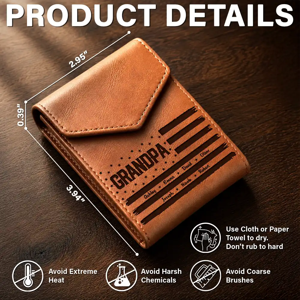 Gift For Father, Independence Day, Proud, Custom Text - Stars & Stripes US Flag Dad Grandpa - Personalized Leather Slim Wallet