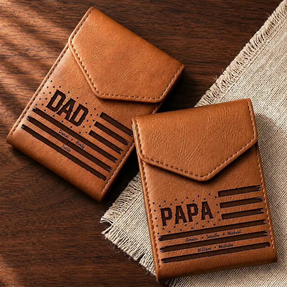 Gift For Father, Independence Day, Proud, Custom Text - Stars & Stripes US Flag Dad Grandpa - Personalized Leather Slim Wallet