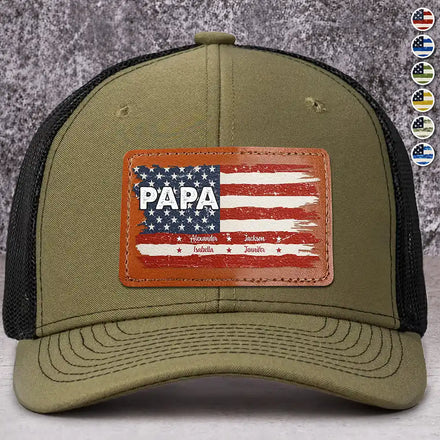 Stars & Stripes Dad Grandpa Names - Personalized Leather Patch Hat