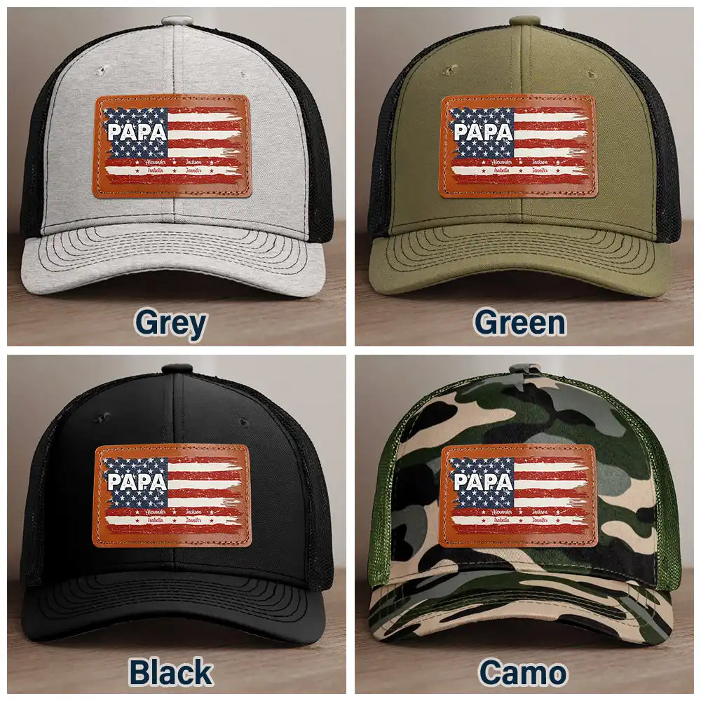 Stars & Stripes Dad Grandpa Names - Personalized Leather Patch Hat