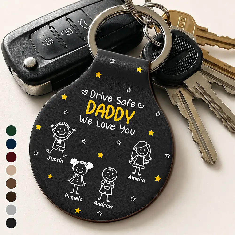 Gift For Father,Gift For Grandpa,Happy,Non-Eng,Icon - Stick Figures Drive Safe Daddy Grandpa - Personalized Custom Shaped Leather Keychain