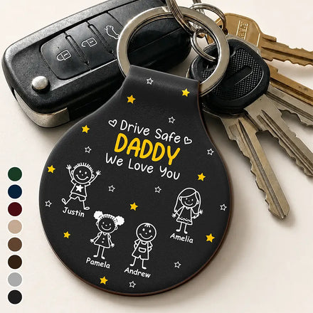 Stick Figures Drive Safe Daddy Grandpa - Personalized Custom Shaped Leather Keychain