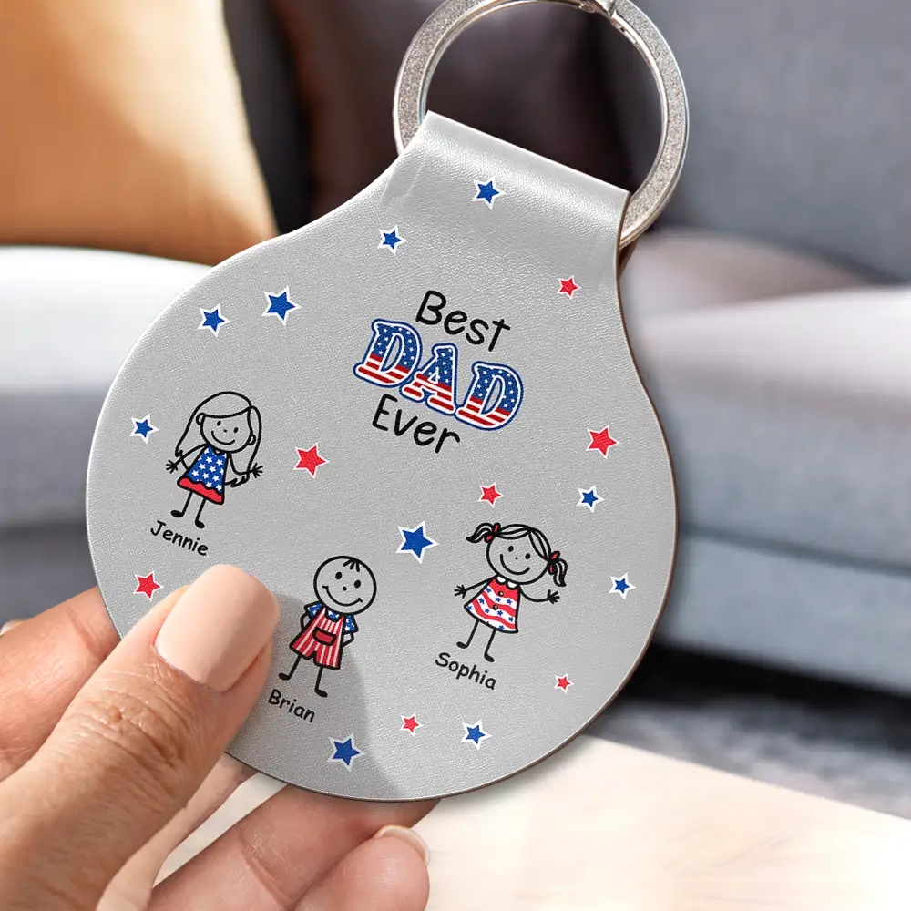 Gift For Father,Independence Day,Adorable,Icon - Stick Figures Drive Safe Daddy Grandpa US Flag - Personalized Custom Shaped Leather Keychain
