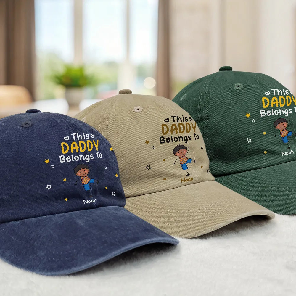 Gift For Father,Top Market,Proud,Icon - Stick Figures This Grandpa Dad Belongs To Kids Pet - Personalized Vintage Washed Denim Cap