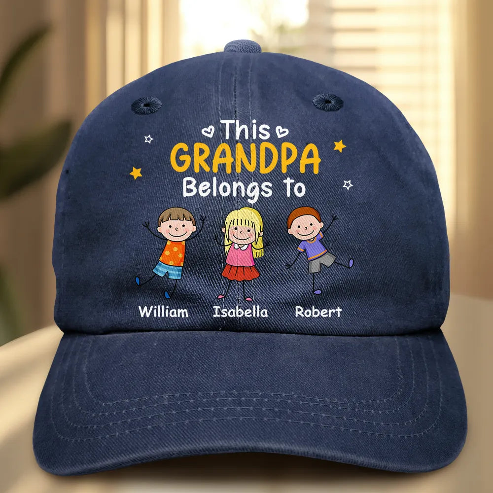 Gift For Father,Top Market,Proud,Icon - Stick Figures This Grandpa Dad Belongs To Kids Pet - Personalized Vintage Washed Denim Cap