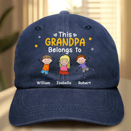 Gift For Father,Top Market,Proud,Icon - Stick Figures This Grandpa Dad Belongs To Kids Pet - Personalized Vintage Washed Denim Cap