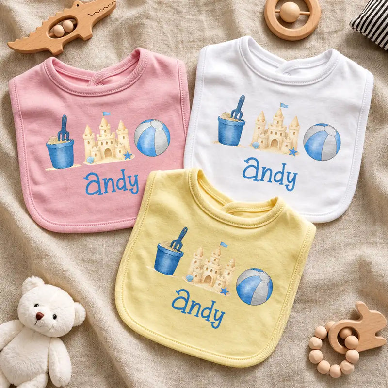 Adorable, New Baby, New Mom, Gift For Mother, Summer, Icon - Summer Beach Toys Trio - Personalized Baby Bib