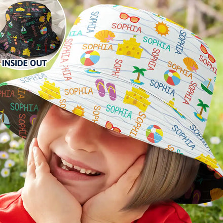 Summer Beach Vacation Holiday Vibe Cute Icon Custom Name - Personalized Bucket Hat