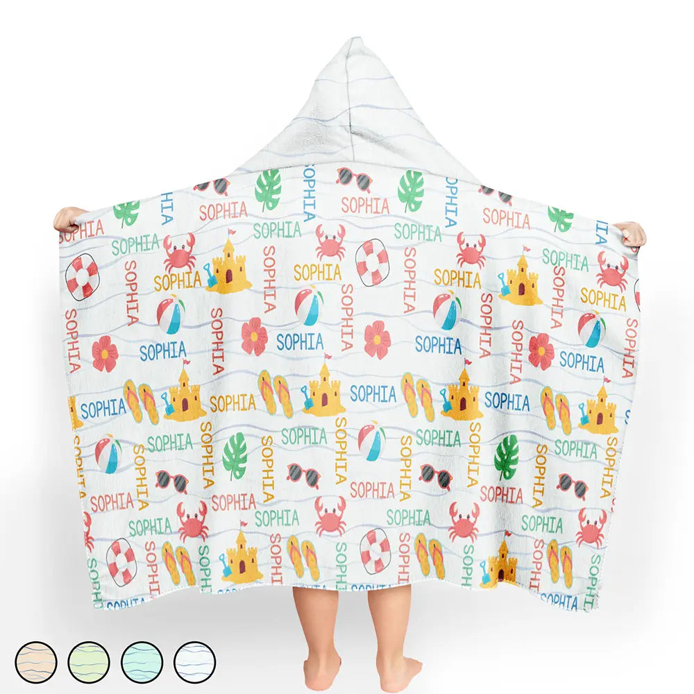 Summer Beach Vacation Holiday Vibe Cute Icon Custom Name - Personalized Hooded Beach Towel