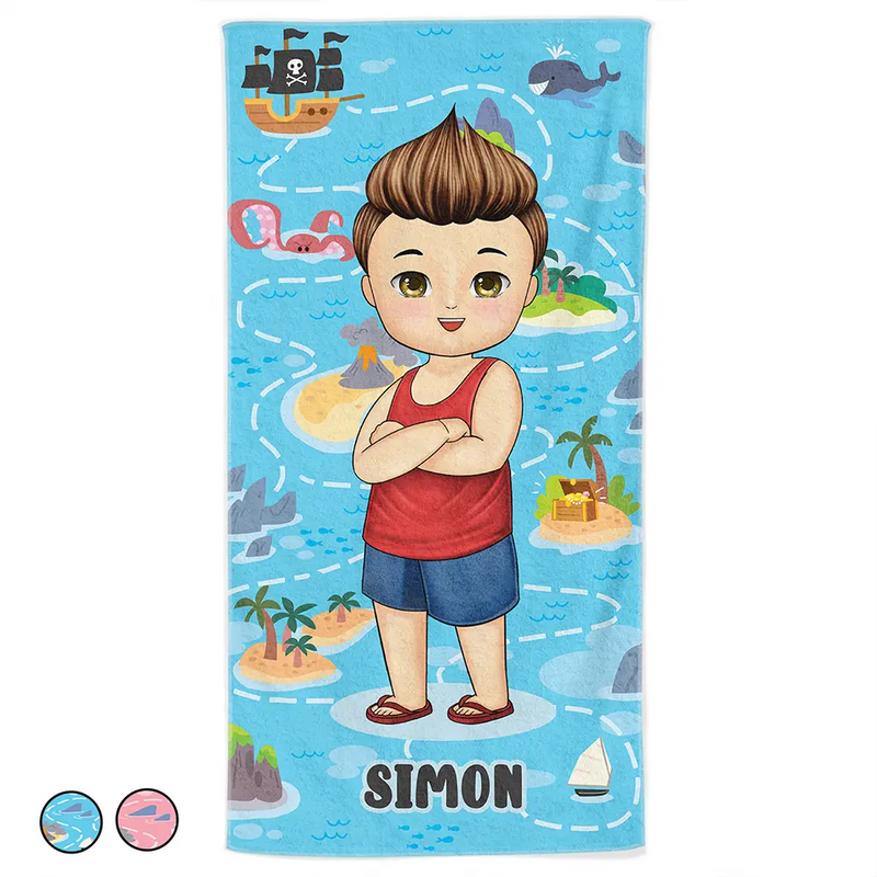 Gift For Kids, Beach, Happy - Summer Beach Vacation Holiday Vibe Maze Labyrinth - Personalized Beach Towel