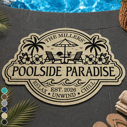 Summer Family Welcome To Our Poolside Paradise - Personalized Custom Shaped Doormat