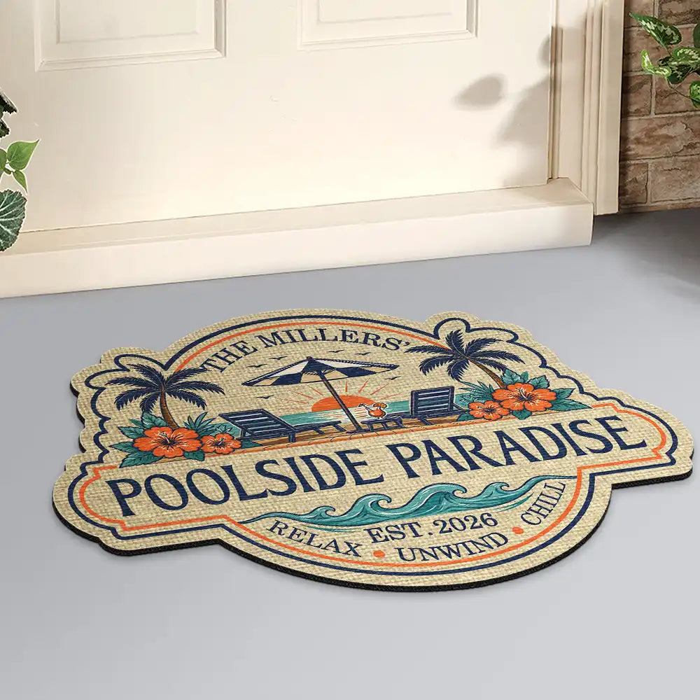 Top Market, Playful, Family, Summer, Poolside, Outdoor Decor, Icon - Summer Family Welcome To Our Poolside Paradise - Personalized Custom Shaped Doormat