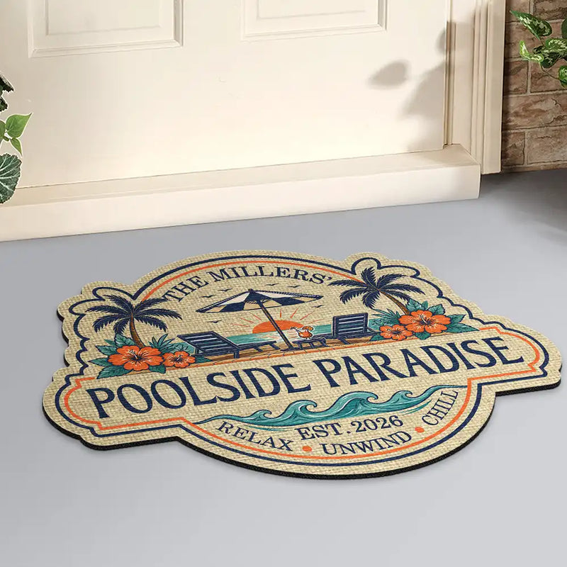 Top Market, Playful, Family, Summer, Poolside, Outdoor Decor, Icon - Summer Family Welcome To Our Poolside Paradise - Personalized Custom Shaped Doormat