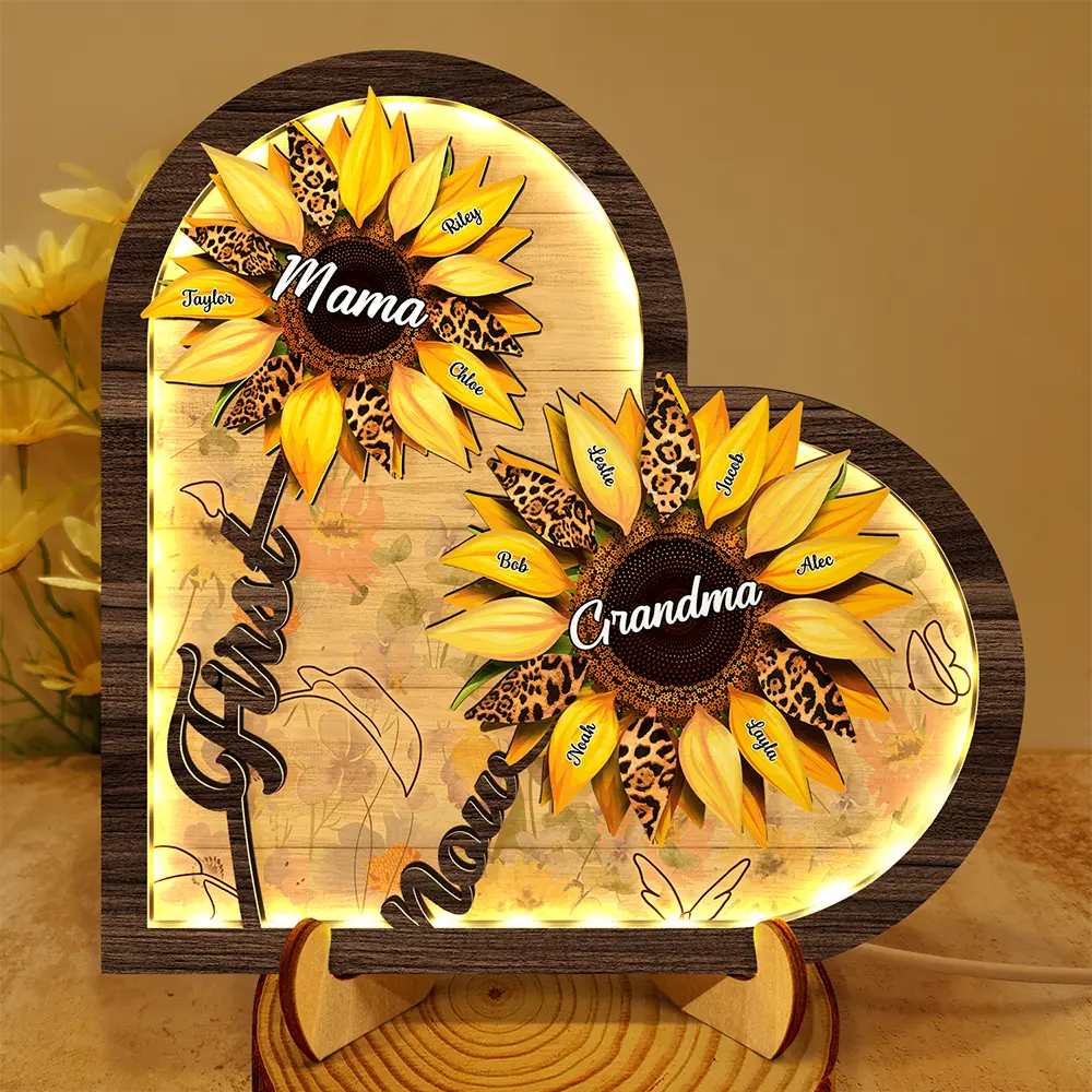 Sunflower First Mom Now Grandma - Personalized LED Light Wooden Plaque
