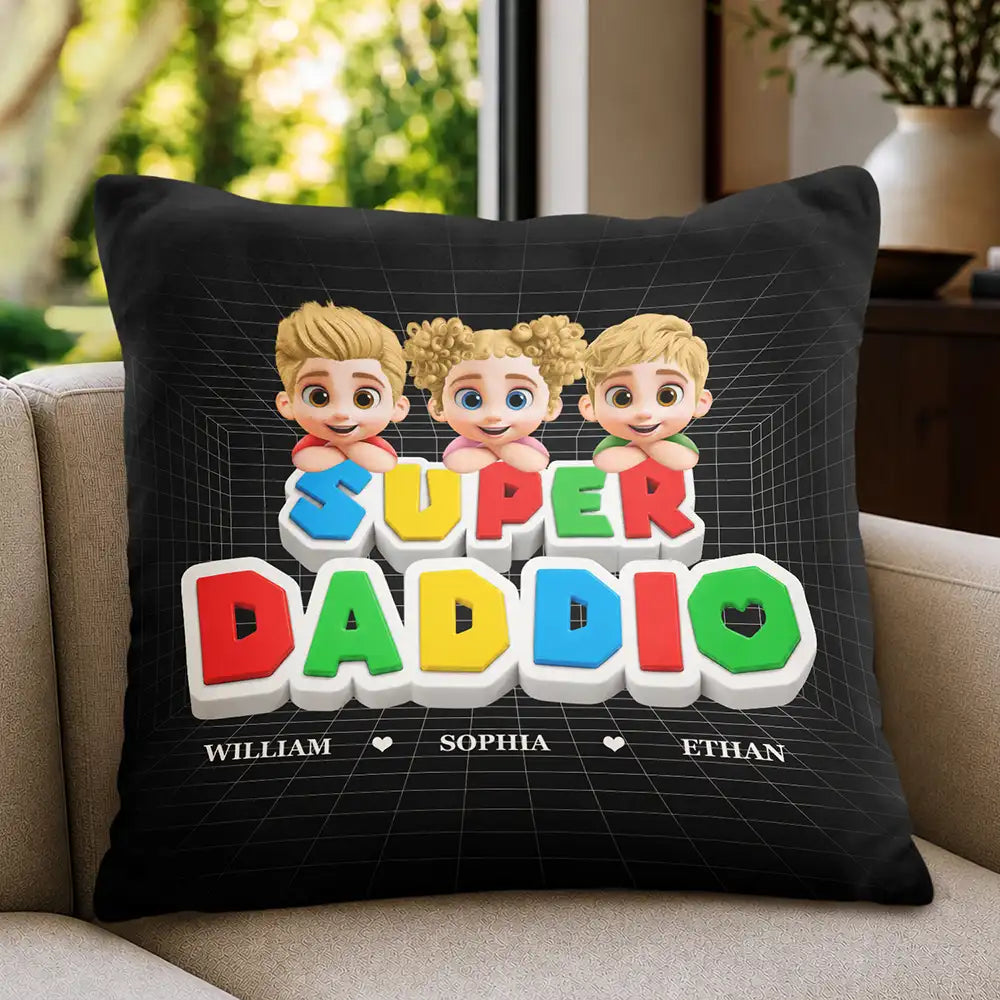 Gift For Father,Non-Eng,Vector,Adorable - Super Dad Papa Arcade Retro 3D Effect Custom Kid Names - Personalized Pillow