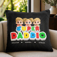 Gift For Father,Non-Eng,Vector,Adorable - Super Dad Papa Arcade Retro 3D Effect Custom Kid Names - Personalized Pillow