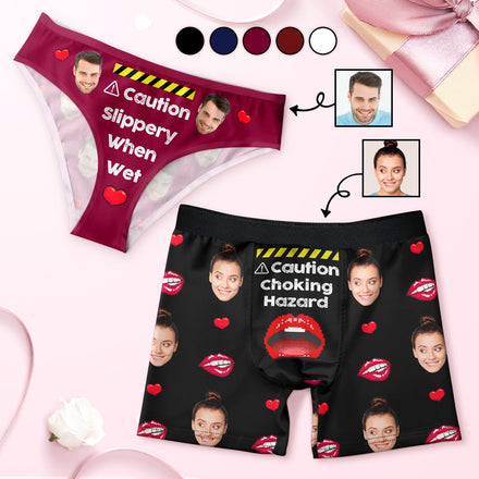 Custom Photo Caution Slippery When Wet Choking Hazard - Anniversary, Funny Gift For Spouse, Husband, Wife - Personalized Couple Matching Underwear Briefs