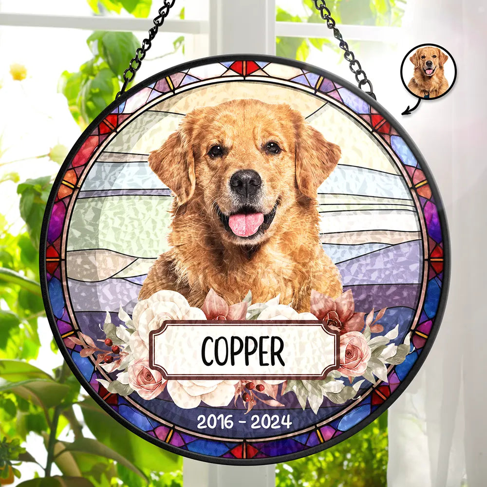 Custom Photo In Loving Memory Dog Cat - Personalized Stained Glass Window Hanging Suncatcher