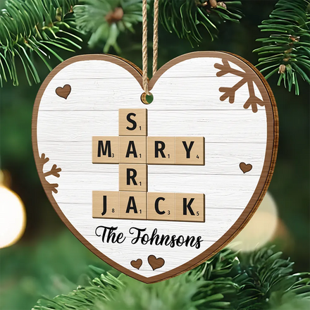 Custom Family Name Heart Crossword Scrabble - Personalized Custom Shaped Wooden Ornament