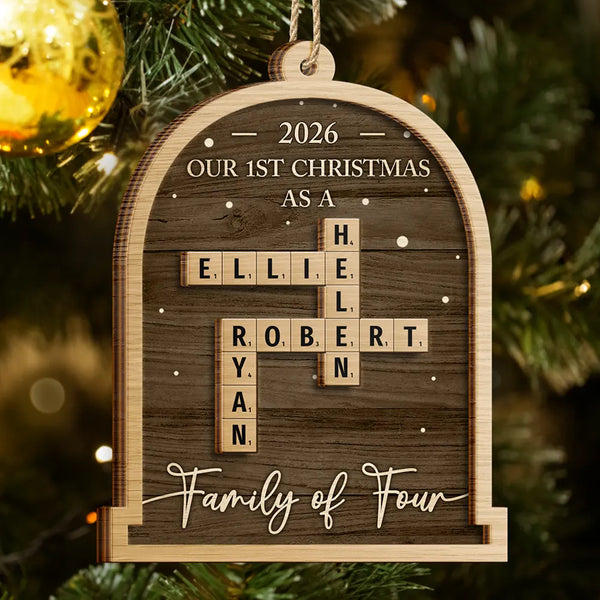 First Christmas As A Family Of Four Crossword Scrabble - Personalized 2-Layered Wooden Ornament