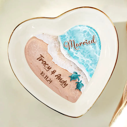 Married Engaged Couple & The Sea Wedding - Personalized Heart Ring Dish