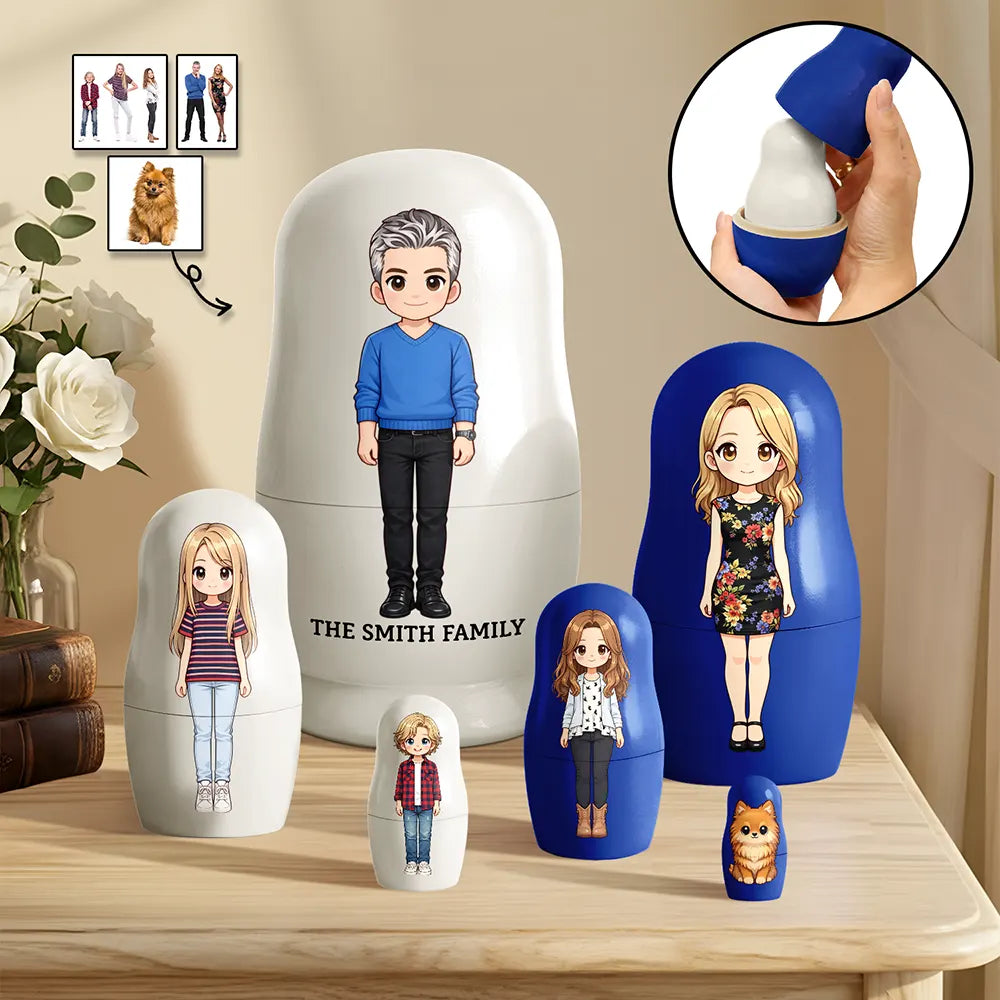 Family,Happy - Custom Photo Cartoon Full Portrait Family Couple Besties - Personalized Portrait Nesting Doll