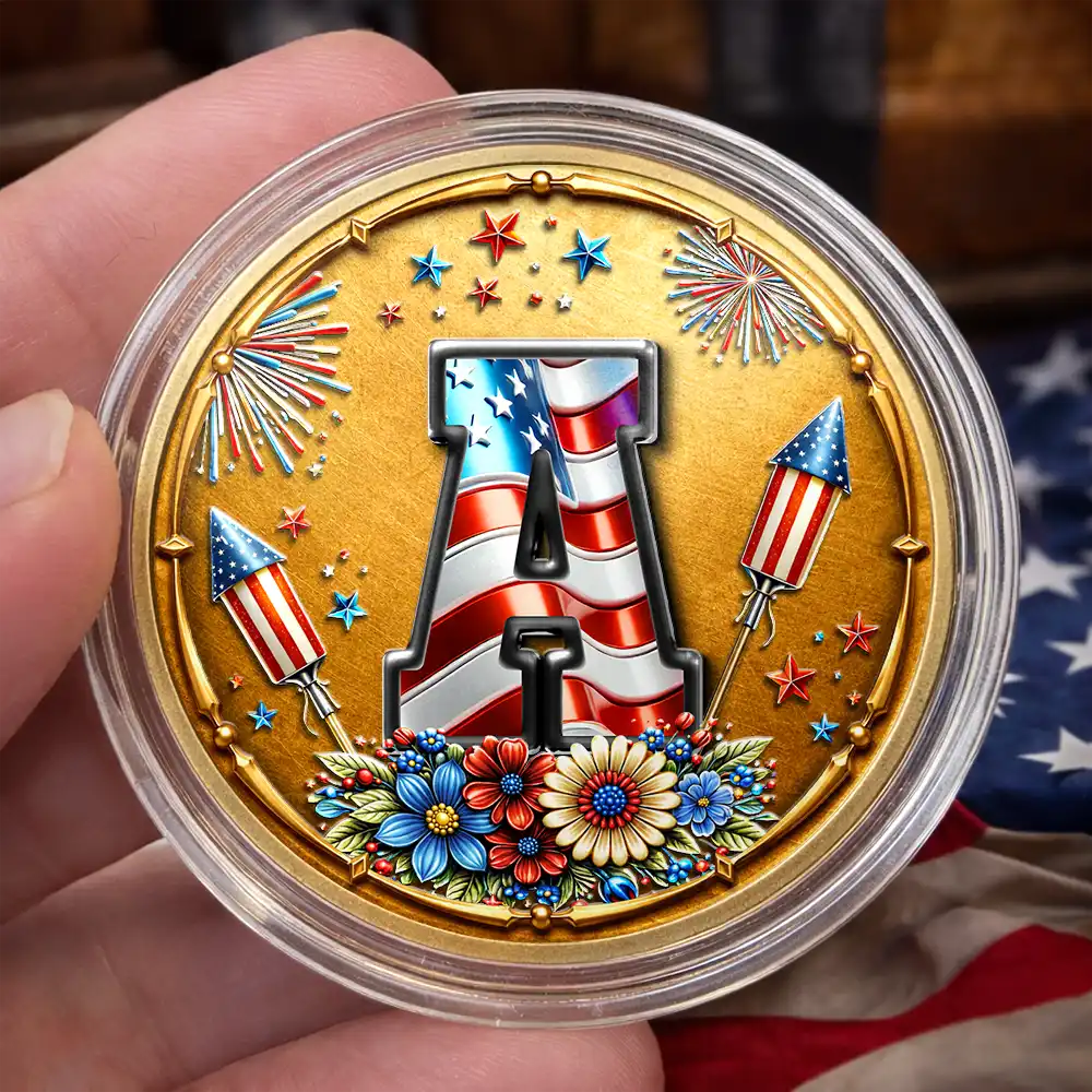 America 250th,Independence Day - America Stars And Stripes Monogram Initial Custom Name - Personalized Commemorative Keepsake Coin