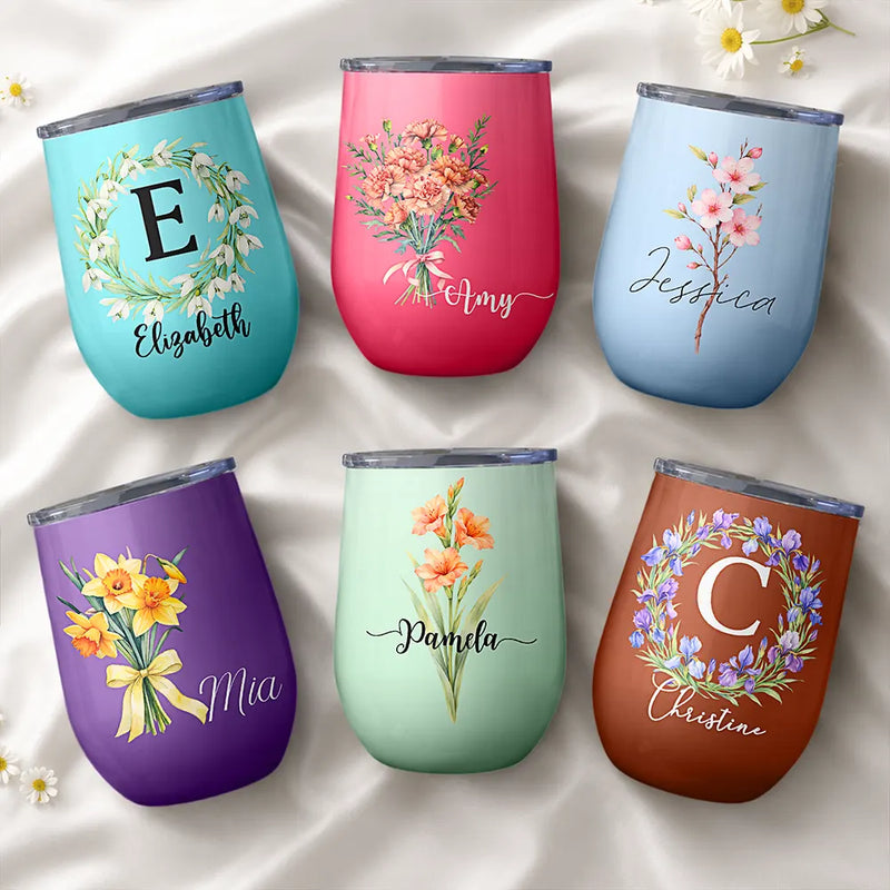 Gift For Women,Gift For Mother,Gift For Daughter,Gift For Sisters,Gift For Bestie,Love,Happy - Watercolor Birth Flower Mother Daughter Sister Custom Name - Personalized Wine Tumbler