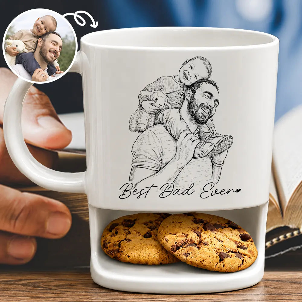 Gift For Father,Gift For Grandpa,Non-Eng,Photo - Pencil Sketch,Confident - Custom Photo Pencil Sketch Best Dad Grandpa Ever Family Portrait - Personalized Cookie Mug