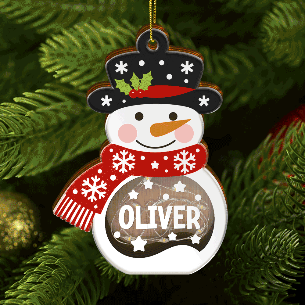 Adorable,Christmas,Custom Text,Family - Christmas Snowman For Family, Kid, Grandparent - Personalized Custom Name And Expression LED Light Wooden Ornament