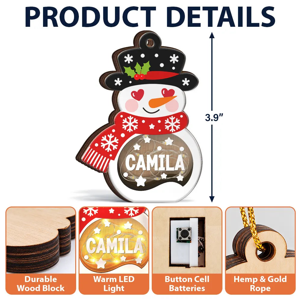 Adorable,Christmas,Custom Text,Family - Christmas Snowman For Family, Kid, Grandparent - Personalized Custom Name And Expression LED Light Wooden Ornament
