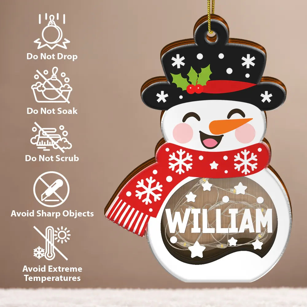 Adorable,Christmas,Custom Text,Family - Christmas Snowman For Family, Kid, Grandparent - Personalized Custom Name And Expression LED Light Wooden Ornament