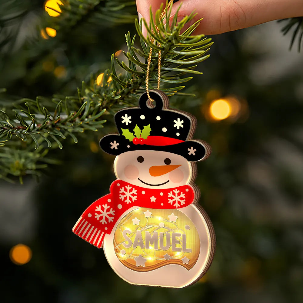Adorable,Christmas,Custom Text,Family - Christmas Snowman For Family, Kid, Grandparent - Personalized Custom Name And Expression LED Light Wooden Ornament