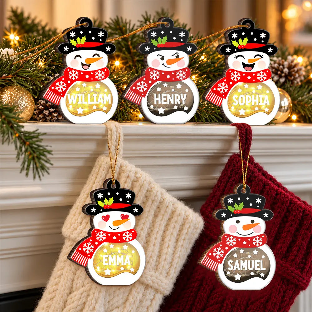 Adorable,Christmas,Custom Text,Family - Christmas Snowman For Family, Kid, Grandparent - Personalized Custom Name And Expression LED Light Wooden Ornament
