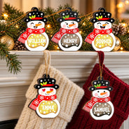 Adorable,Christmas,Custom Text,Family - Christmas Snowman For Family, Kid, Grandparent - Personalized Custom Name And Expression LED Light Wooden Ornament
