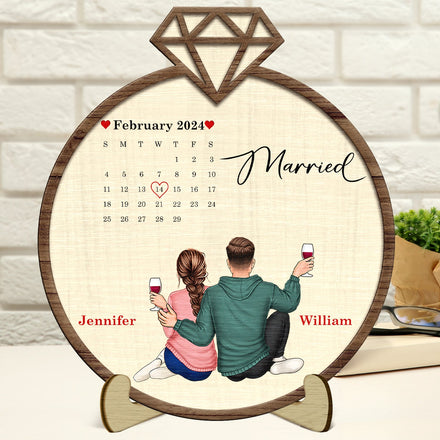 Couple Calendar Married Engaged - Gift For Couples - Personalized 2-Layered Wooden Plaque With Stand