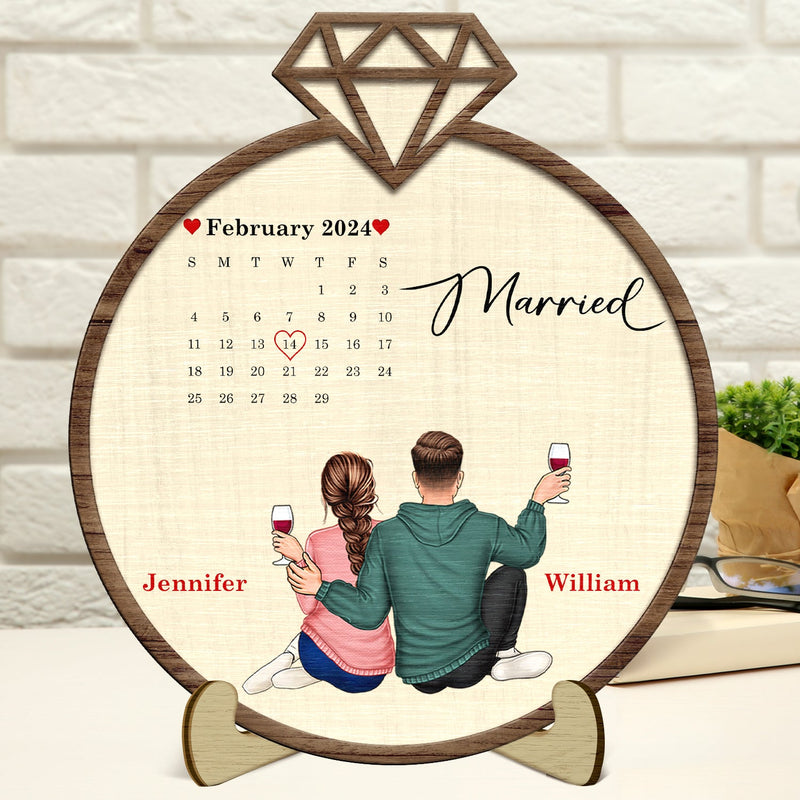 Couple Calendar Married Engaged - Gift For Couples - Personalized 2-Layered Wooden Plaque With Stand