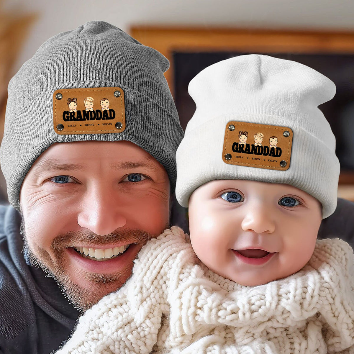 Daddy Papa - Gift For Father, Grandpa - Personalized Beanie With Leather Patch