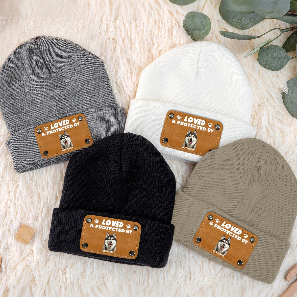 Custom Photo Loved & Protected By - Gift For Baby, Pet Lovers - Personalized Beanie With Leather Patch