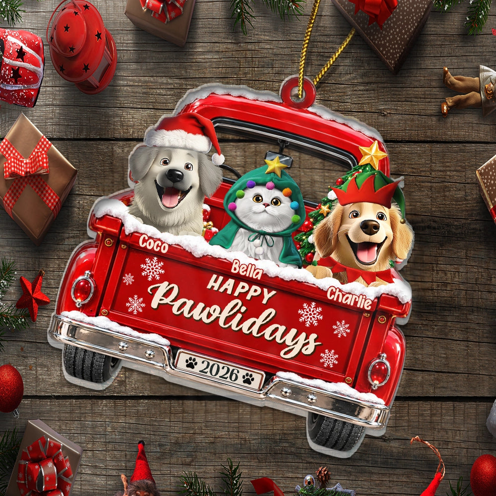 Christmas, Indoor Decor, Pet Lovers, Playful, Vector - Christmas Gift For Dog Cat Lovers - Personalized Happy Pawlidays Merry Woofmas Acrylic Ornament