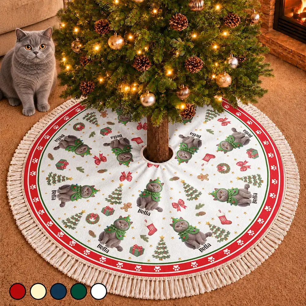 Art Design,Christmas,Custom Photo,Gift For Mother,Gifts For Her,Happy,Pet Lovers,Pet Mom,Photo - Christmas Accessories 3D Cartoon Pet - Christmas Decor Gift For Pet Lovers - Personalized Custom Photo Pet Name Festive Pattern Tree Skirt