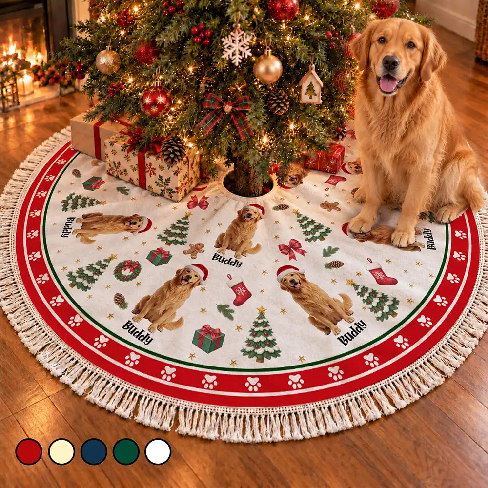 Art Design,Christmas,Custom Photo,Gift For Mother,Gifts For Her,Happy,Pet Lovers,Pet Mom,Photo - Christmas Accessories 3D Cartoon Pet - Christmas Decor Gift For Pet Lovers - Personalized Custom Photo Pet Name Festive Pattern Tree Skirt