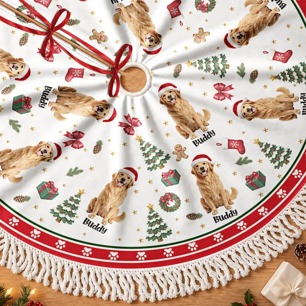 Art Design,Christmas,Custom Photo,Gift For Mother,Gifts For Her,Happy,Pet Lovers,Pet Mom,Photo - Christmas Accessories 3D Cartoon Pet - Christmas Decor Gift For Pet Lovers - Personalized Custom Photo Pet Name Festive Pattern Tree Skirt