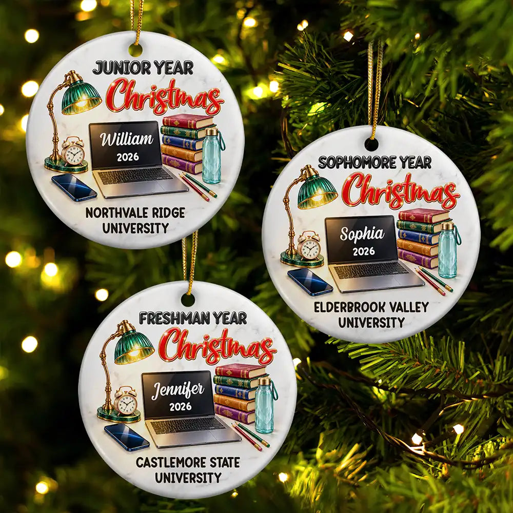 Christmas,Custom Text,Happy,Top Market - Christmas Keepsake Gift For College Student - Personalized Freshman Sophomore Year Circle Ceramic Ornament